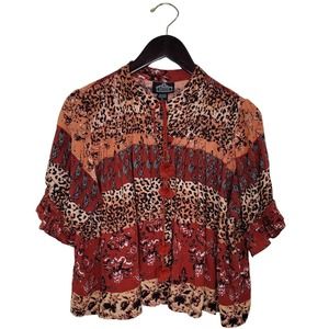 Angie Size Large Boho Animal Print Short Sleeve Crop Blouse Top Tassel Tie